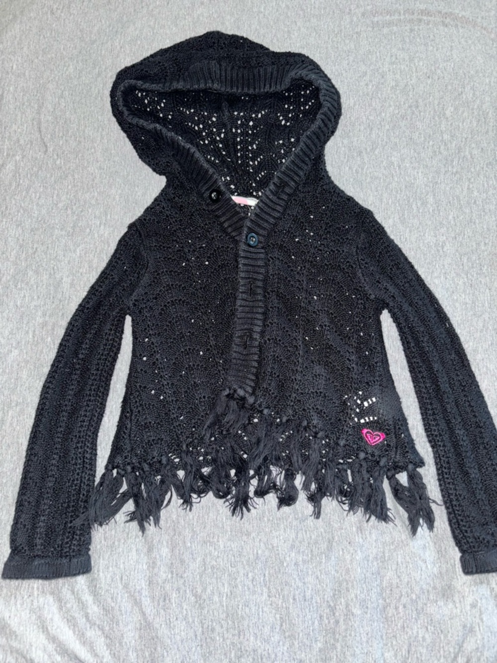 Roxy Black Hooded Open-Knit Fringe Sweater with Pink Heart Accent